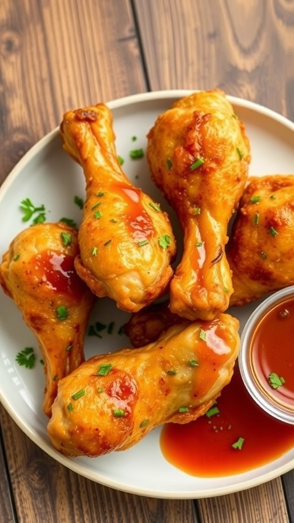 Crispy Air Fryer Chicken Drumsticks Recipe Crispy air fryer chicken drumsticks on a plate, garnished with herbs and served with dipping sauce.